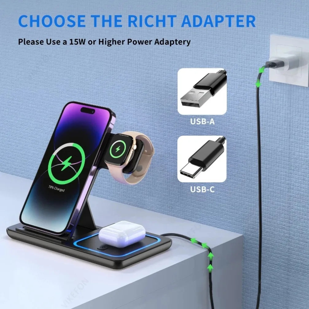 3-in-1 Draadloos Oplaadstation - Opvouwbaar 30W Fast Charging voor iPhone, Apple Watch & AirPods