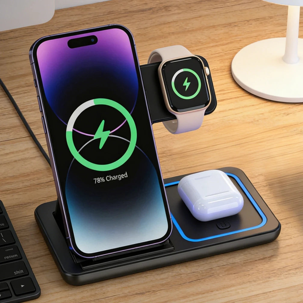 3-in-1 Draadloos Oplaadstation - Opvouwbaar 30W Fast Charging voor iPhone, Apple Watch & AirPods