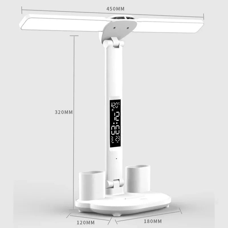 Double-Headed LED Table Lamp Dimmable Desk Lamp with Calendar Clock Foldable Eye Protection Reading Night Light