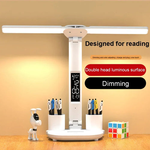 Double-Headed LED Table Lamp Dimmable Desk Lamp with Calendar Clock Foldable Eye Protection Reading Night Light