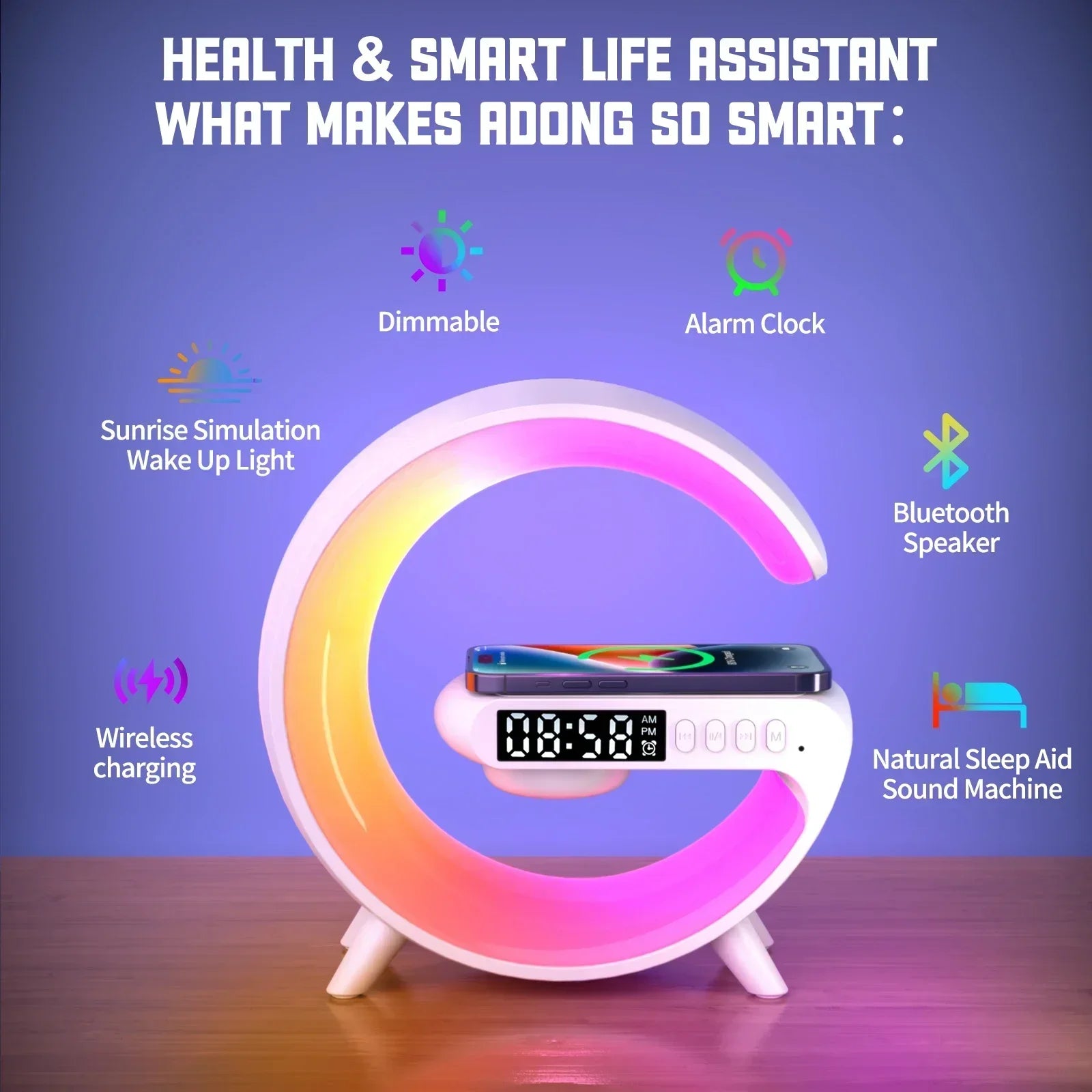 Multifunctioneel Draadloos Oplaadstation met RGB LED - Wekker, Speaker & Nachtlampje - 3-in-1 Charging Dock